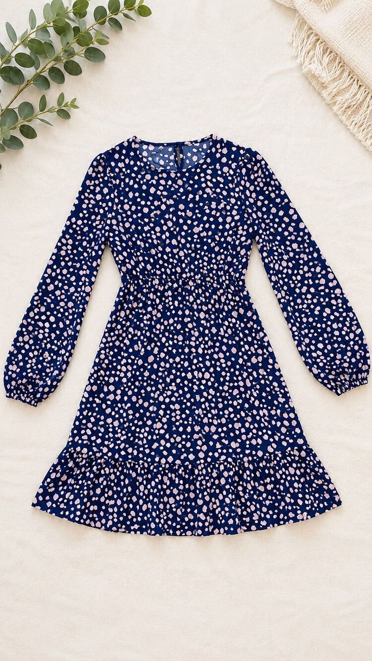 SHEIN Women’s Navy & Pink Spotted Ruffle Hem Dress Size Small